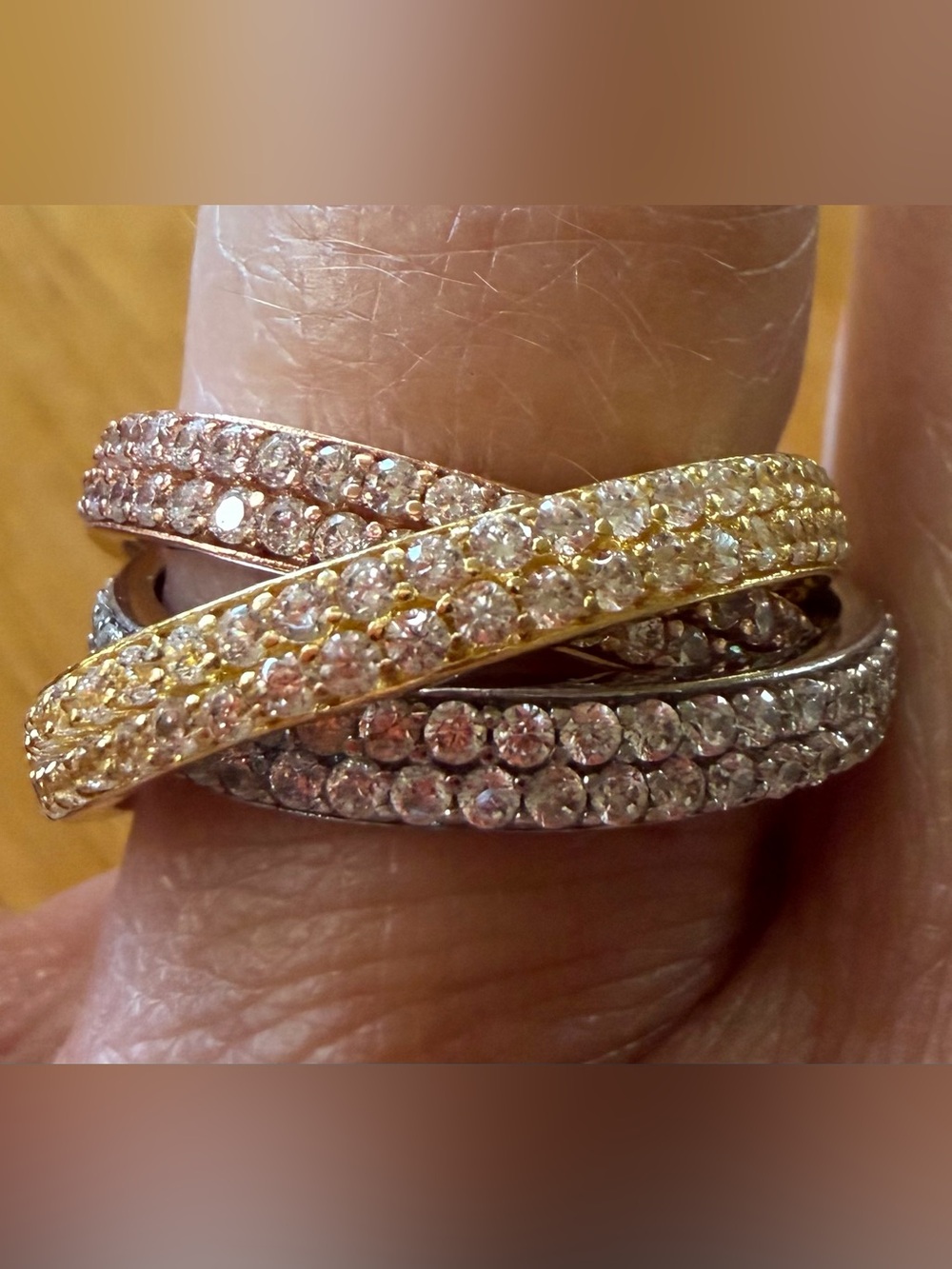 Three-Row Interlocking Crystal Rings in Gold, Rose Gold and Silver